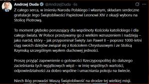 Prezydent pogratulował Papieżowi Leonowi XIV